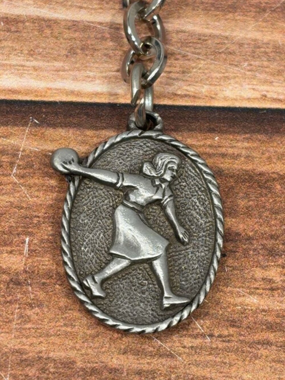 TS Vintage Pewter Female Bowler Bowling Keychain Medal Trophy Shop NOS